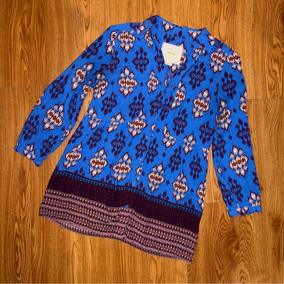 Maeve by Anthropologie Woodland Walk Button Down Blouse in a Blue Geometric - Picture 8 of 8